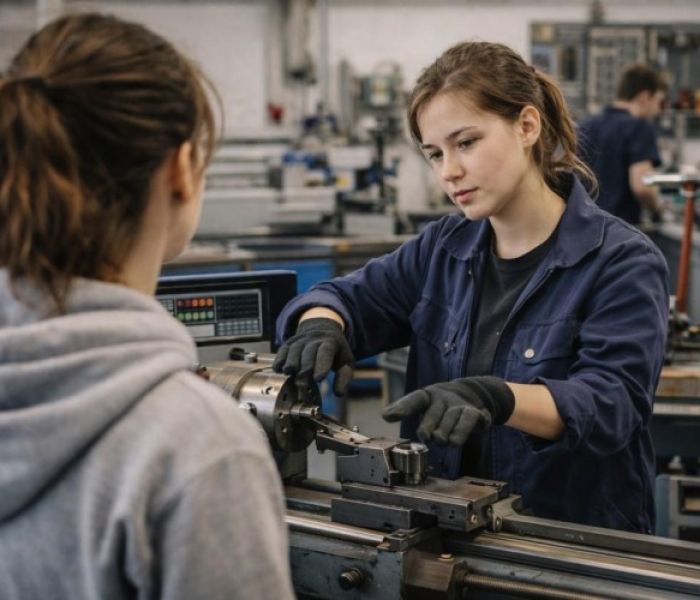Eine Auszubildende erklärt einer interessierten jungen Frau (Foto: twinC GmbH)